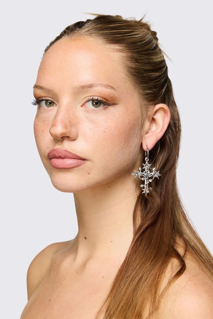 Image of Earrings. Product name - Romance Rose Cross Earrings in Silver colour by brand - Black Friday