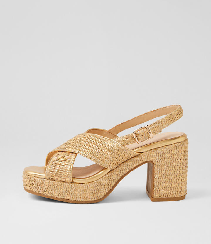 Image of Sandals. Product name - Kenzie Gold Syn Raffia Leather Sandals in Gold colour by brand - MIDAS