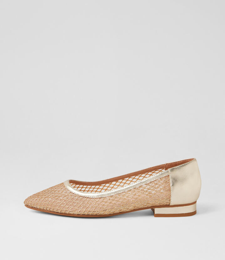 Image of Flats. Product name - Delio Pale Gold Fabric Flat Shoes in Pale Gold colour by brand - MIDAS