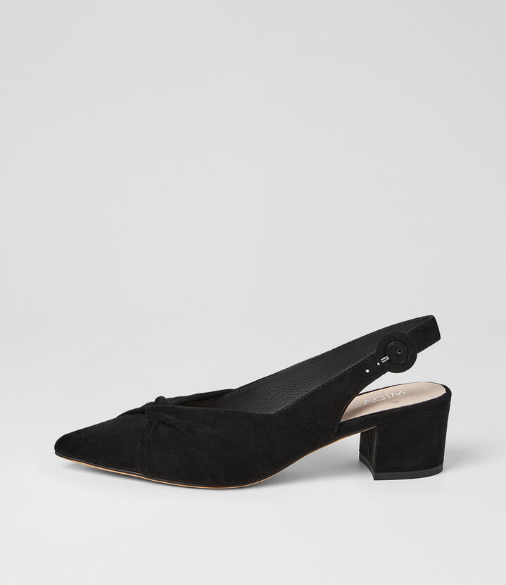 Image of Heels. Product name - Adam Black Suede Slingback Heels in Black colour by brand - MIDAS
