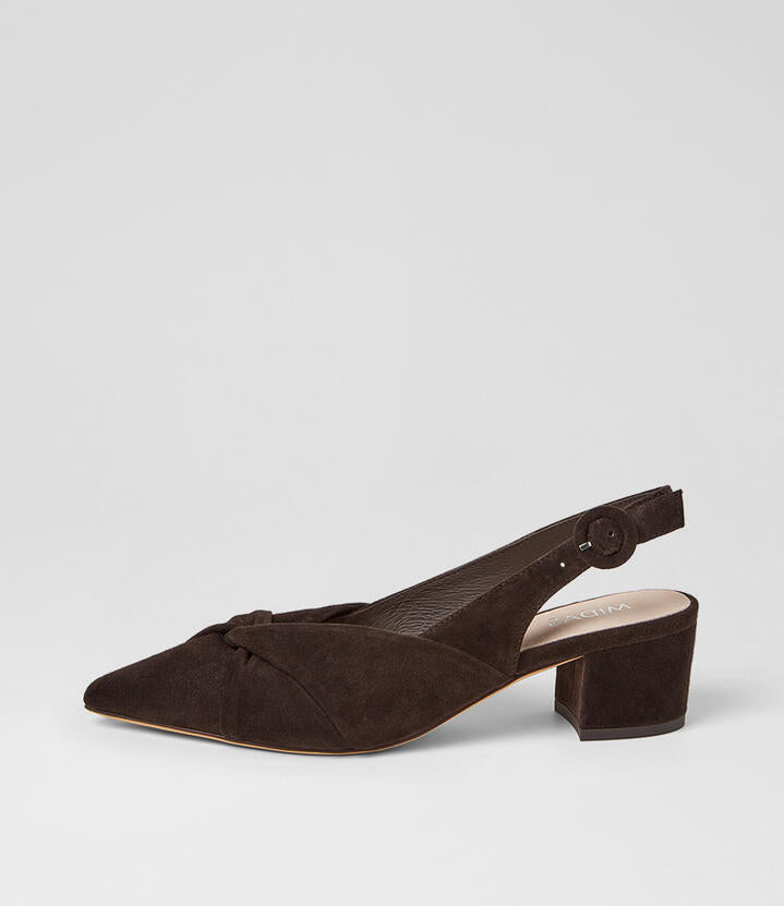 Image of Heels. Product name - Adam Choc Suede Slingback Heels in Choc colour by brand - MIDAS