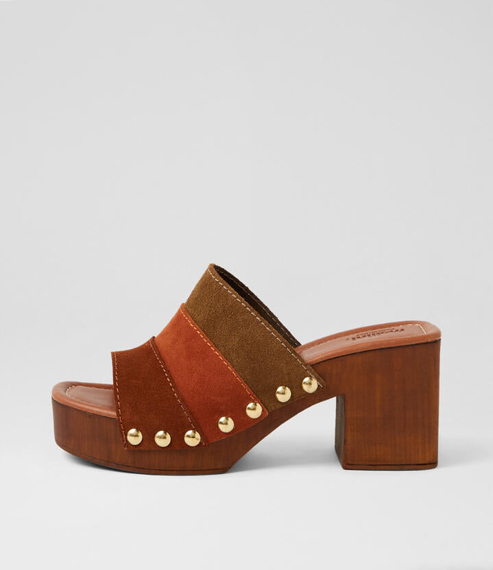 Image of Sandals. Product name - Ginia Earth Multi Suede Sandals in Earth Multi colour by brand - MOLLINI