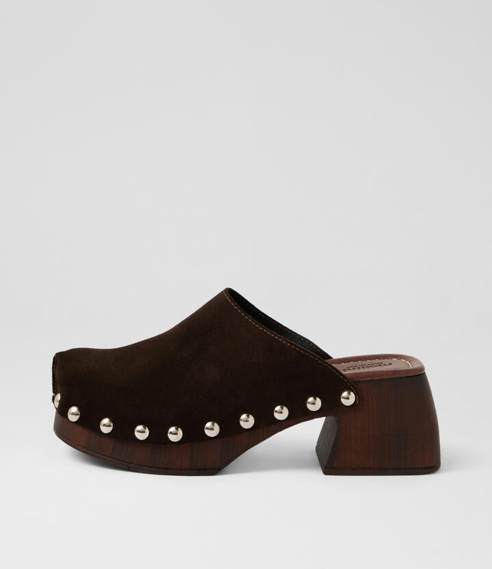 Image of Heels. Product name - Haven Dark Brown Suede Heels in Dk Brown colour by brand - MOLLINI