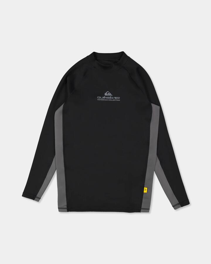 Image of a model wearing Tops. Product name - Quiksilver Mens Uv+ Heater Long Sleeve Rashguard Black in Black colour by brand - Quiksilver