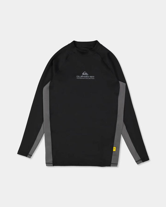 Image of a model wearing Tops. Product name - Quiksilver Mens Uv+ Heater Long Sleeve Rashguard Black in Black colour by brand - Quiksilver