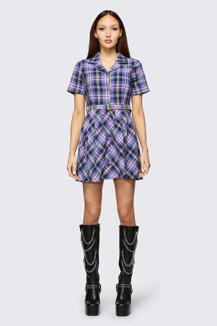Image of Dresses. Product name - Stuck In Your Head Tartan Dress in Purple colour by brand - Black Friday