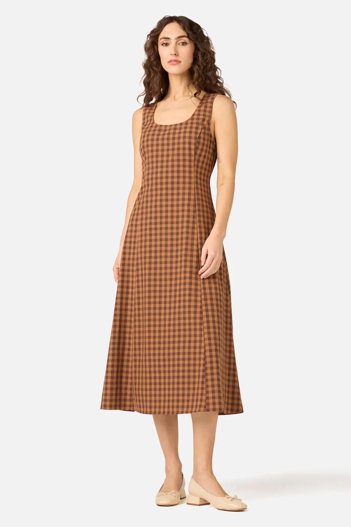 Image of Dresses. Product name - Billie Check Midi Dress in Chocolate colour by brand - Princess Highway