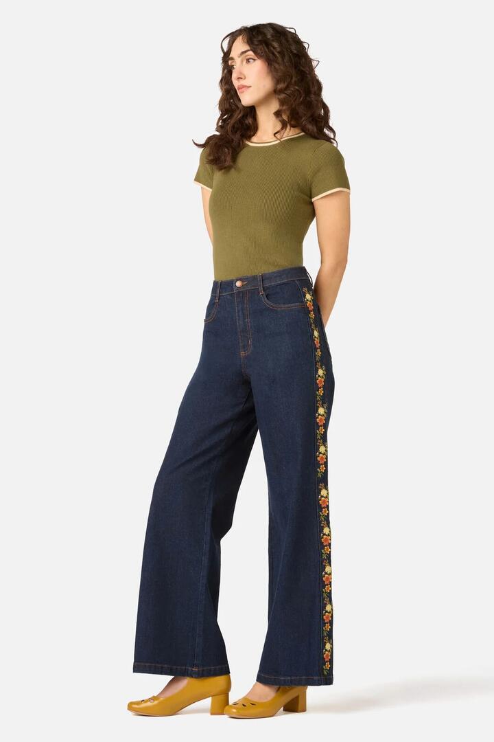 Image of Jeans. Product name - 90'S Posy Embroidered Jean in Blue Denim colour by brand - Princess Highway