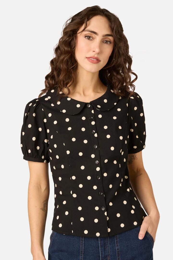 Image of Blouses. Product name - Kelly Polka Dot Blouse in Black colour by brand - Princess Highway