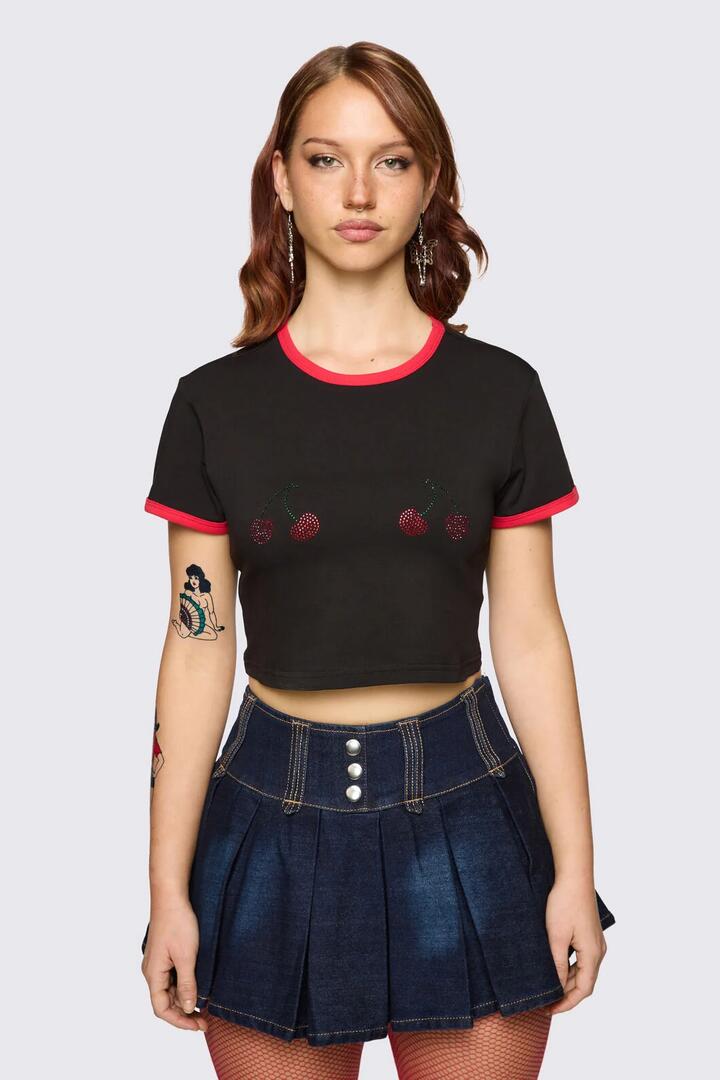 Image of T-Shirts. Product name - Delulu Cropped Tee in Black colour by brand - Dangerfield