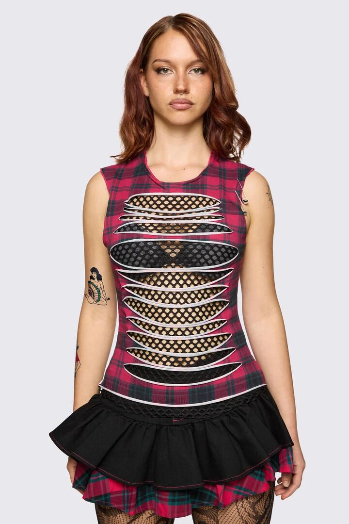 Image of a model wearing Tops. Product name - Dizzy Distressed Tank in Red colour by brand - Dangerfield