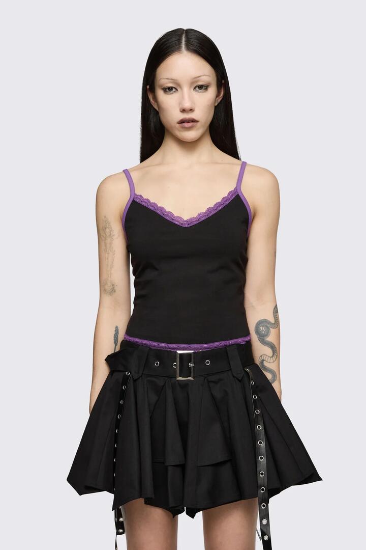 Image of a model wearing Tops. Product name - Spectre Lace Tank in Black colour by brand - Dangerfield