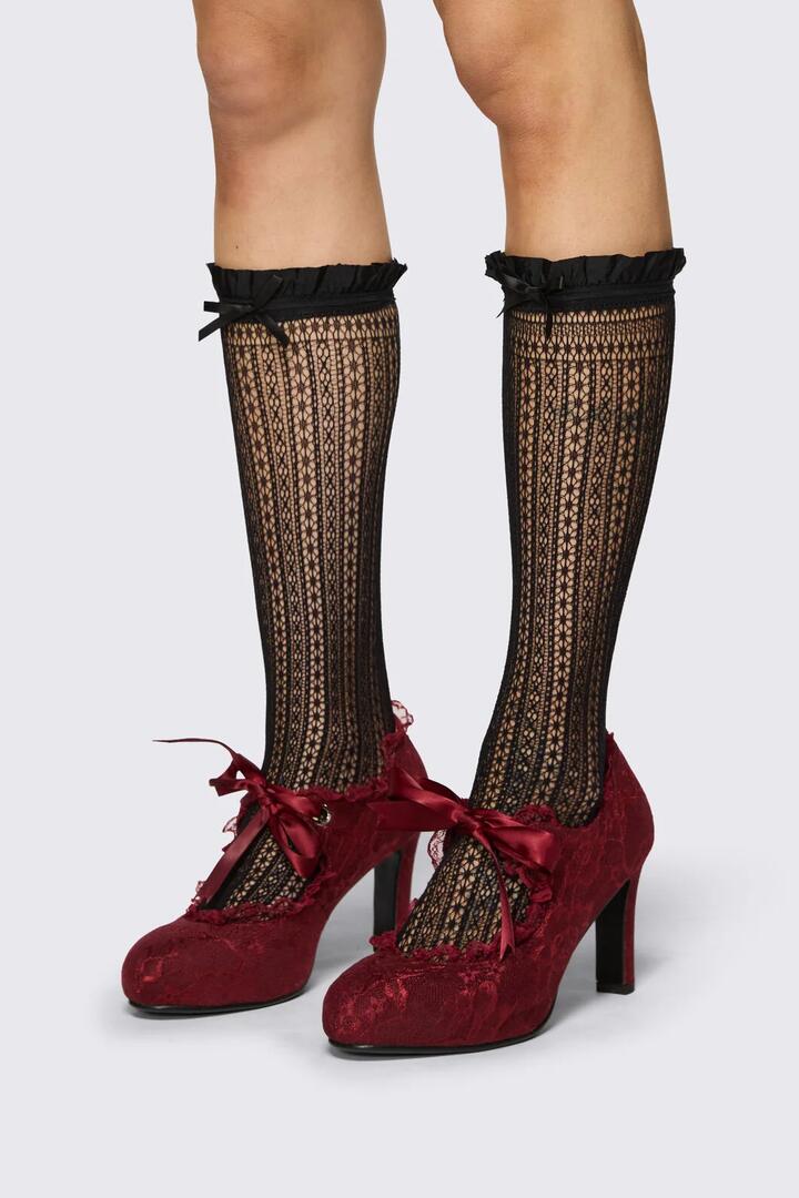 Image of Socks. Product name - Black Lace Bow Long Sock in Black colour by brand - Dangerfield