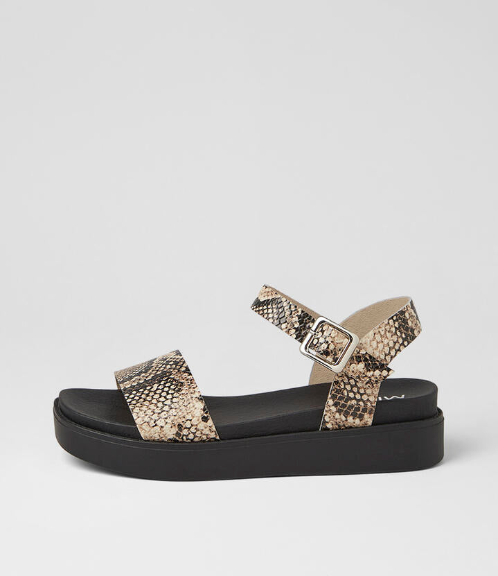 Image of Sandals. Product name - Benjo Latte Snake Black Leather Sandals in Latte Snake-Black Sole colour by brand - MIDAS