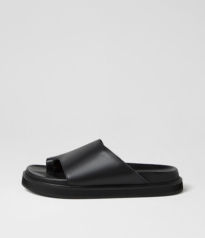 Image of Slippers. Product name - Magsi Black Leather Slides in Black colour by brand - MOLLINI