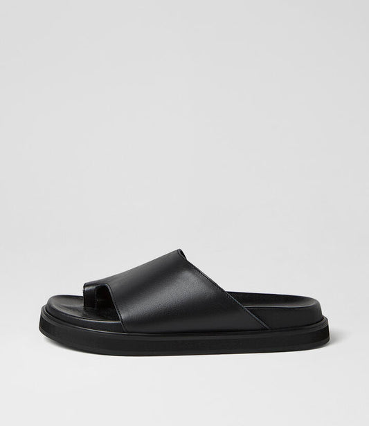 Image of Slippers. Product name - Magsi Black Leather Slides in Black colour by brand - MOLLINI