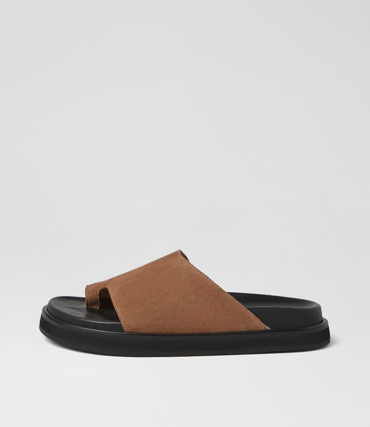 Image of Slippers. Product name - Magsi Coffee Suede Slides in Coffee colour by brand - MOLLINI