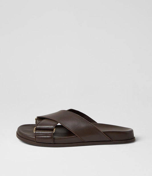 Image of Slippers. Product name - Hefti Choc Leather Slides in Choc-Choc Sole colour by brand - MOLLINI