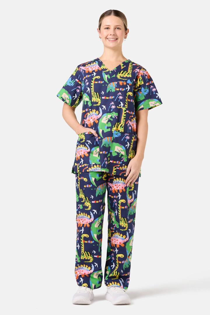 Image of a model wearing Uniforms & Workwear. Product name - Dreamy Dinos Scrub Set in Navy colour by brand - Gorman