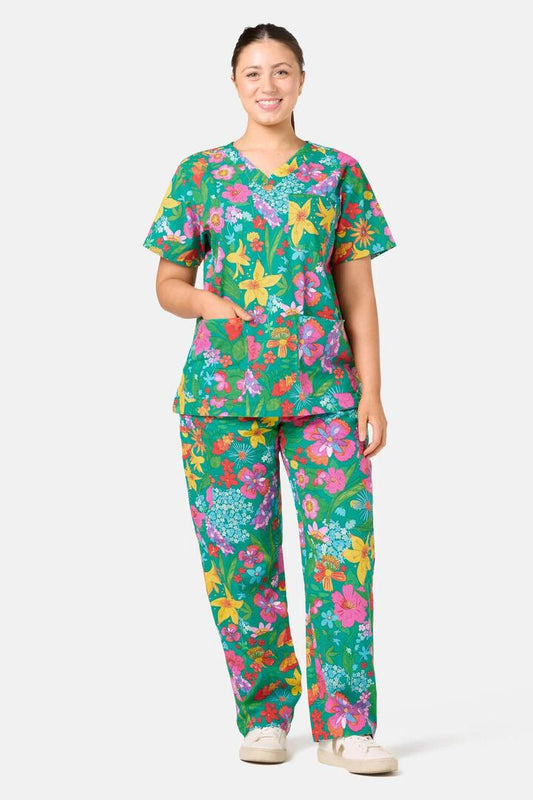 Image of a model wearing Uniforms & Workwear. Product name - Cottage Garden Scrub Set in Multi colour by brand - Gorman