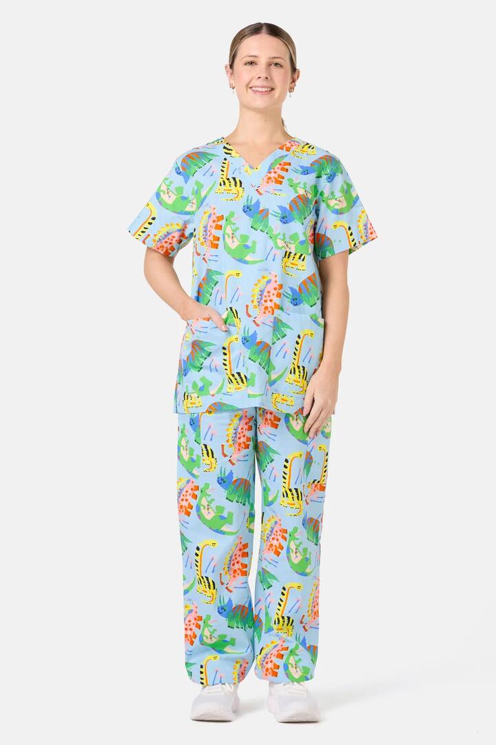 Image of a model wearing Uniforms & Workwear. Product name - Dinoland Scrub Set in Light Blue colour by brand - Gorman