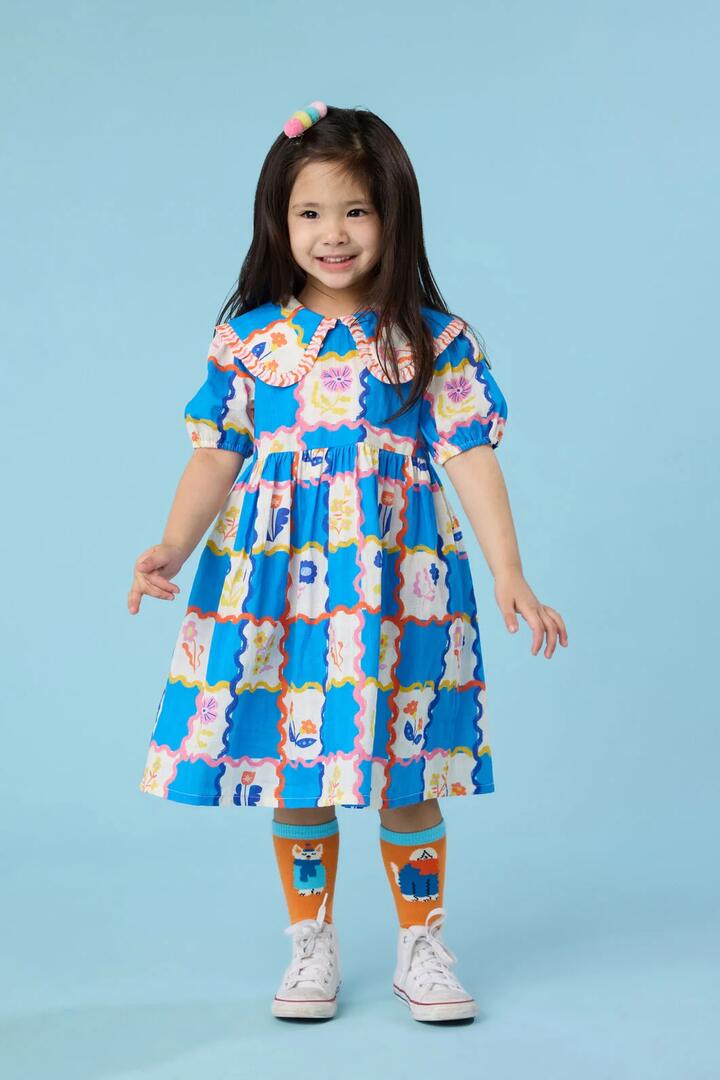 Image of Dresses. Product name - Floral Damier Kids Dress in Blue colour by brand - Gorman