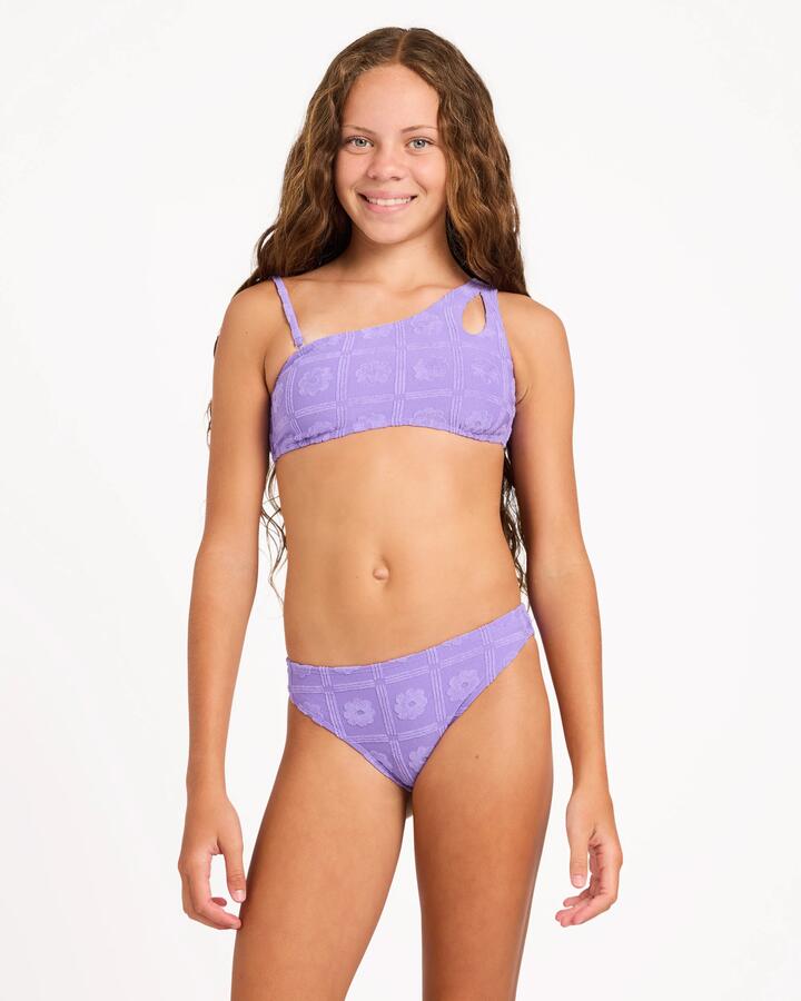 Image of a model wearing Tops. Product name - Roxy Girls 8-16 The Girls Crop Top Two Piece Dahlia Purple in Dahlia Purple colour by brand - Roxy