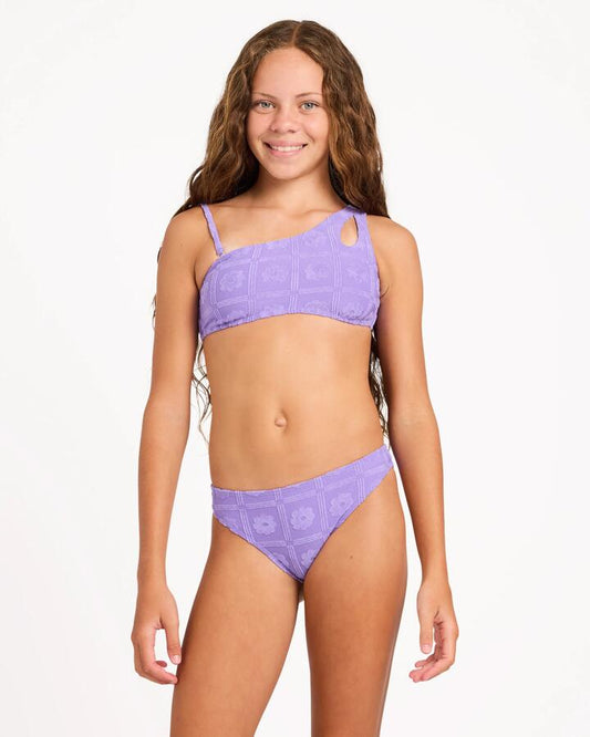 Image of a model wearing Tops. Product name - Roxy Girls 8-16 The Girls Crop Top Two Piece Dahlia Purple in Dahlia Purple colour by brand - Roxy