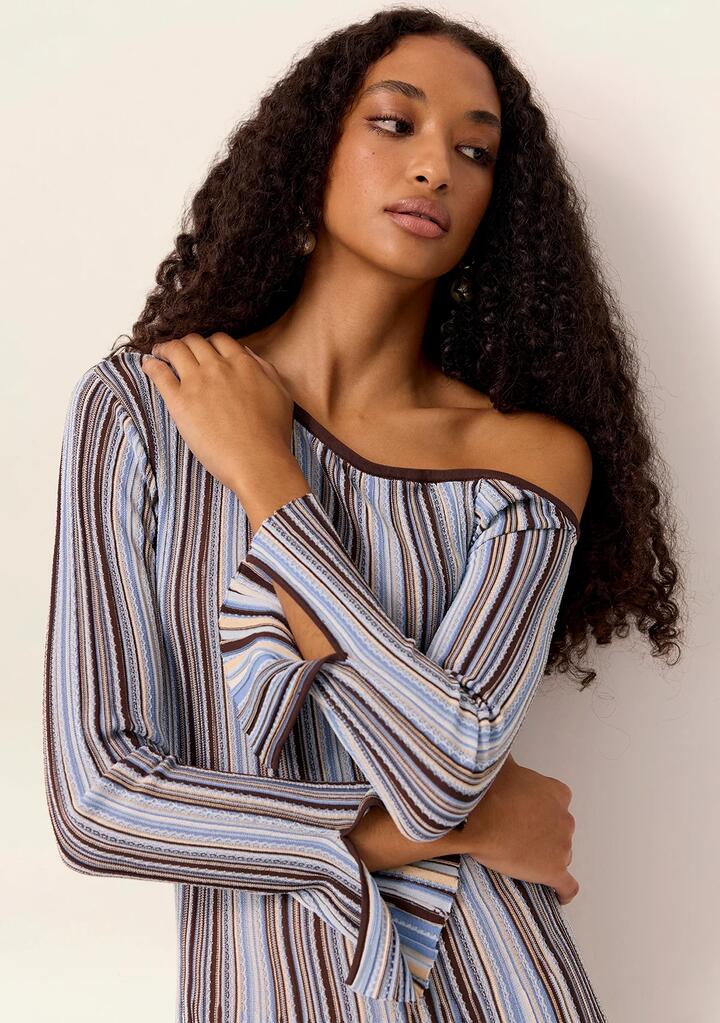 Image of Dresses. Productname: Selva Knit Off Shoulder Dress in Aurea Blue colour by brand - MOS The Label