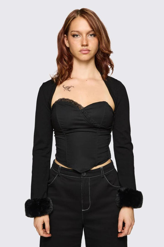 Image of a model wearing Tops. Product name - Cindy Trim Sleeves in Black colour by brand - Dangerfield
