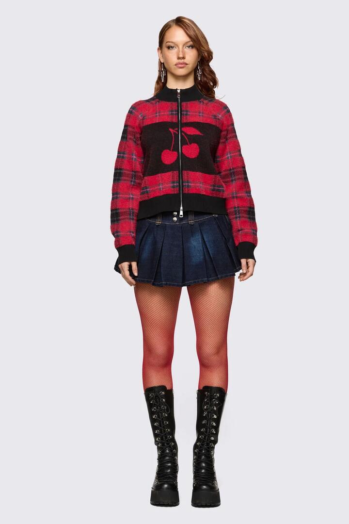 Image of a model wearing Tops. Product name - Delulu Zipper Knit in Red/Black colour by brand - Dangerfield