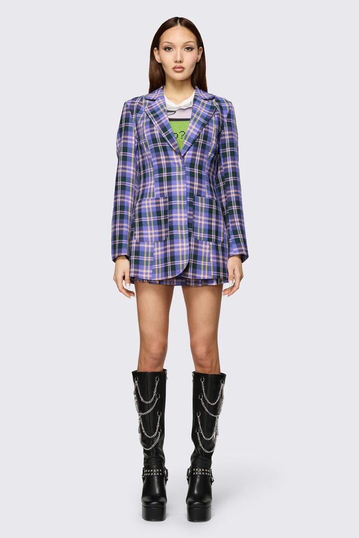 Image of a model wearing Outerwear. Product name - Stuck In Your Head Blazer in Purple colour by brand - Black Friday