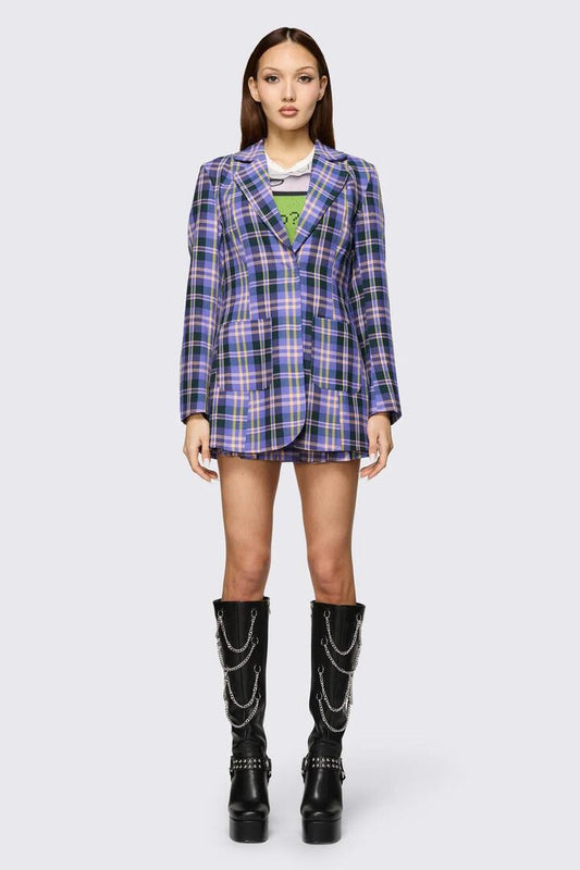 Image of a model wearing Outerwear. Product name - Stuck In Your Head Blazer in Purple colour by brand - Black Friday