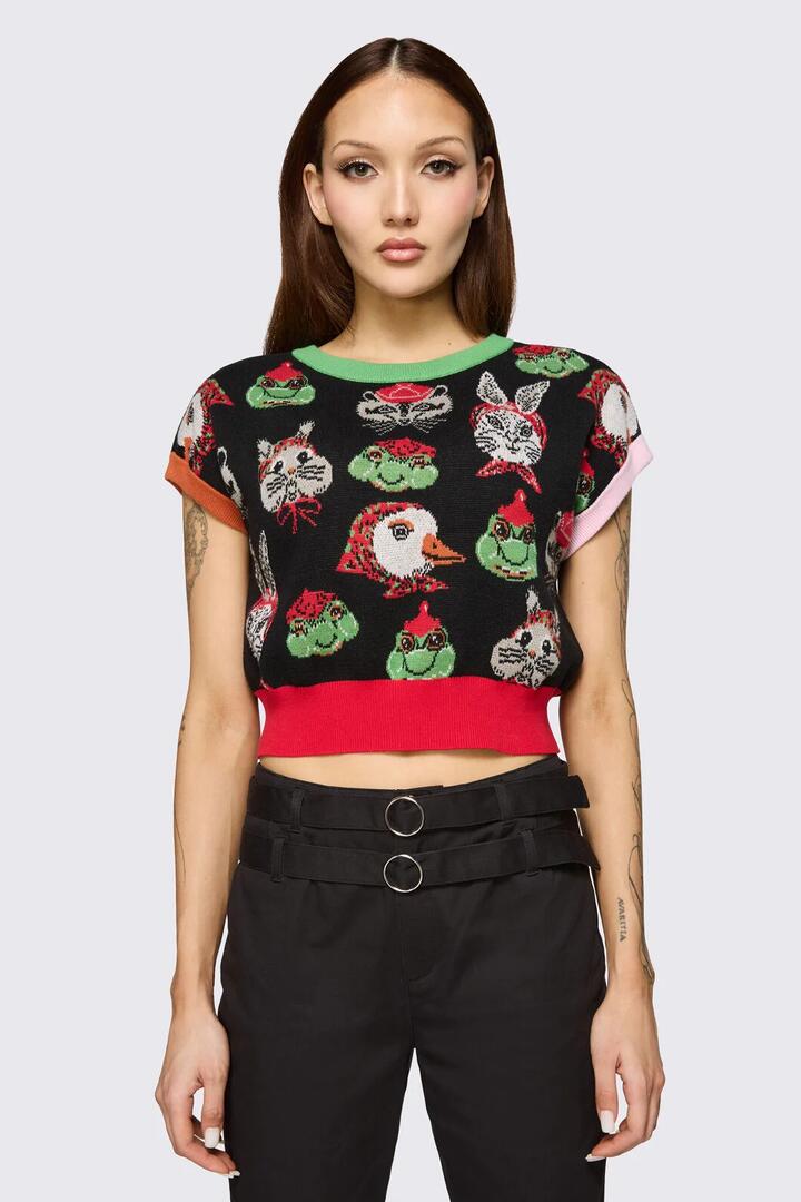 Image of a model wearing Tops. Product name - Bonnet Cutie Knit Top in Black colour by brand - Dangerfield