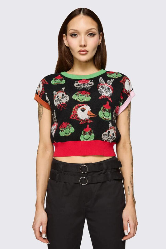 Image of a model wearing Tops. Product name - Bonnet Cutie Knit Top in Black colour by brand - Dangerfield