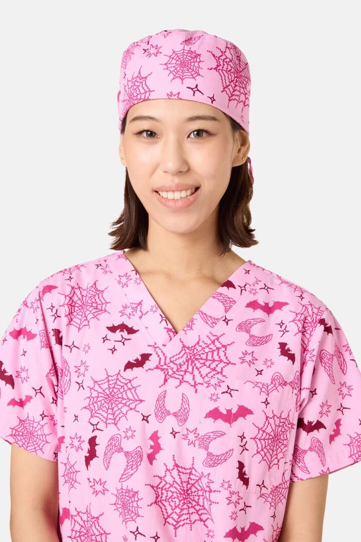 Image of Hats. Product name - Spooky Season Scrub Hat in Pink colour by brand - Scrubs With Love