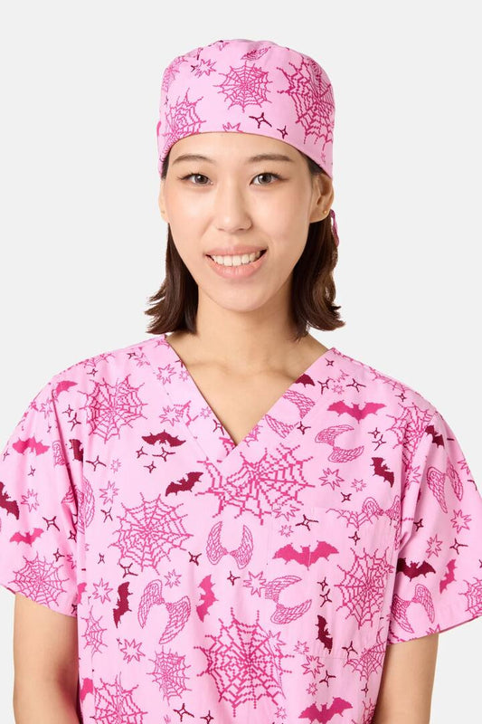 Image of Hats. Product name - Spooky Season Scrub Hat in Pink colour by brand - Scrubs With Love