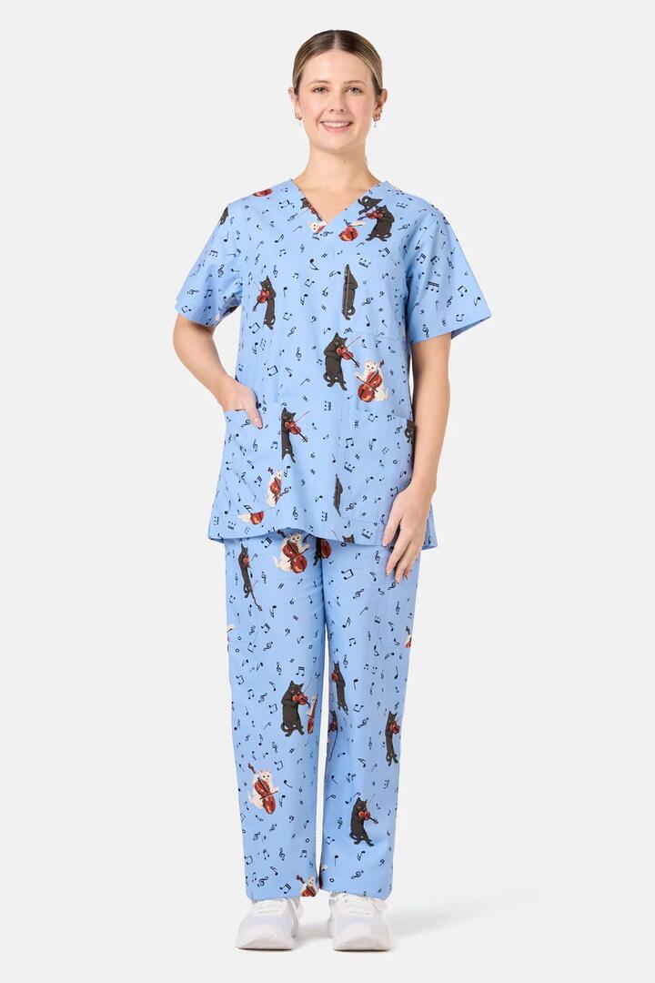 Image of a model wearing Uniforms & Workwear. Product name - Melodic Scrub Set in Light Blue colour by brand - Scrubs With Love