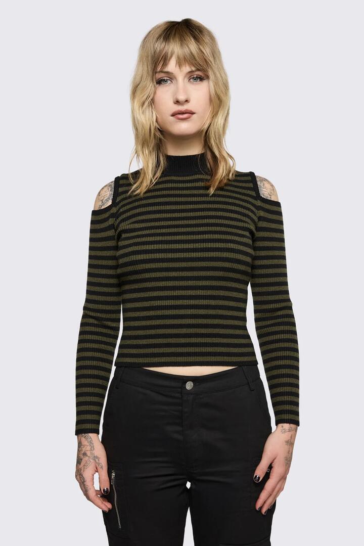 Image of a model wearing Tops. Product name - Consume Stripe Knit Top in Black/Olive colour by brand - Black Friday