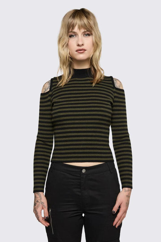 Image of a model wearing Tops. Product name - Consume Stripe Knit Top in Black/Olive colour by brand - Black Friday
