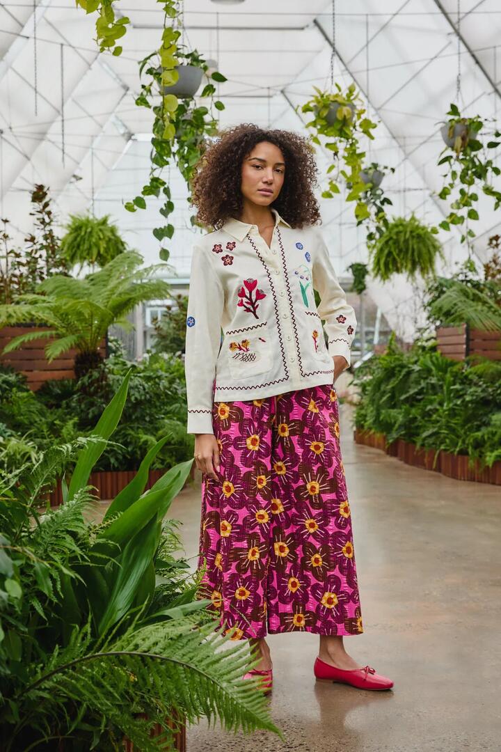 Image of a model wearing Pants. Product name - Flowerful Seersucker Pant in Print colour by brand - Gorman