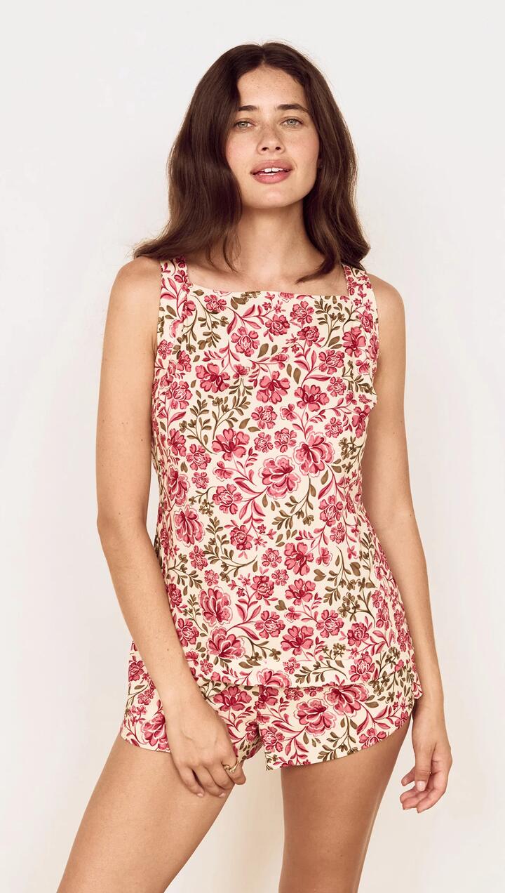 Image of a model wearing Tops. Product name - Vintage Floral Spring Tunic with Tie-Back in Chintz Floral colour by brand - MINKPINK