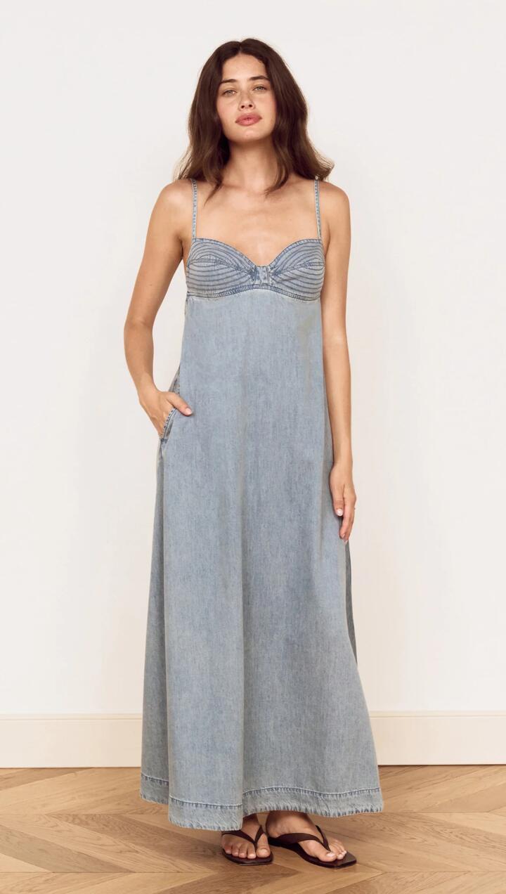Image of Dresses. Product name - Fluid Denim Maxi Sundress in Lightwash in Light Denim Wash colour by brand - MINKPINK