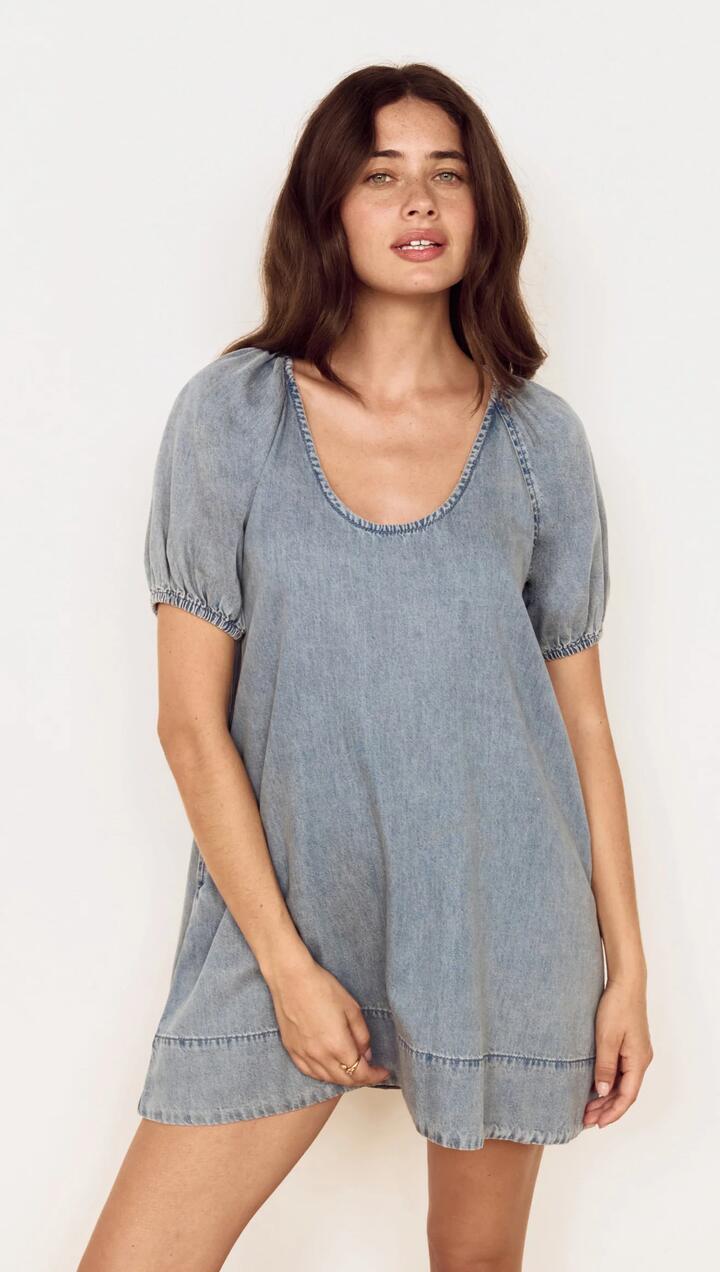 Image of Dresses. Product name - Puff Sleeve Fluid Denim Mini Dress in Light Denim Wash colour by brand - MINKPINK