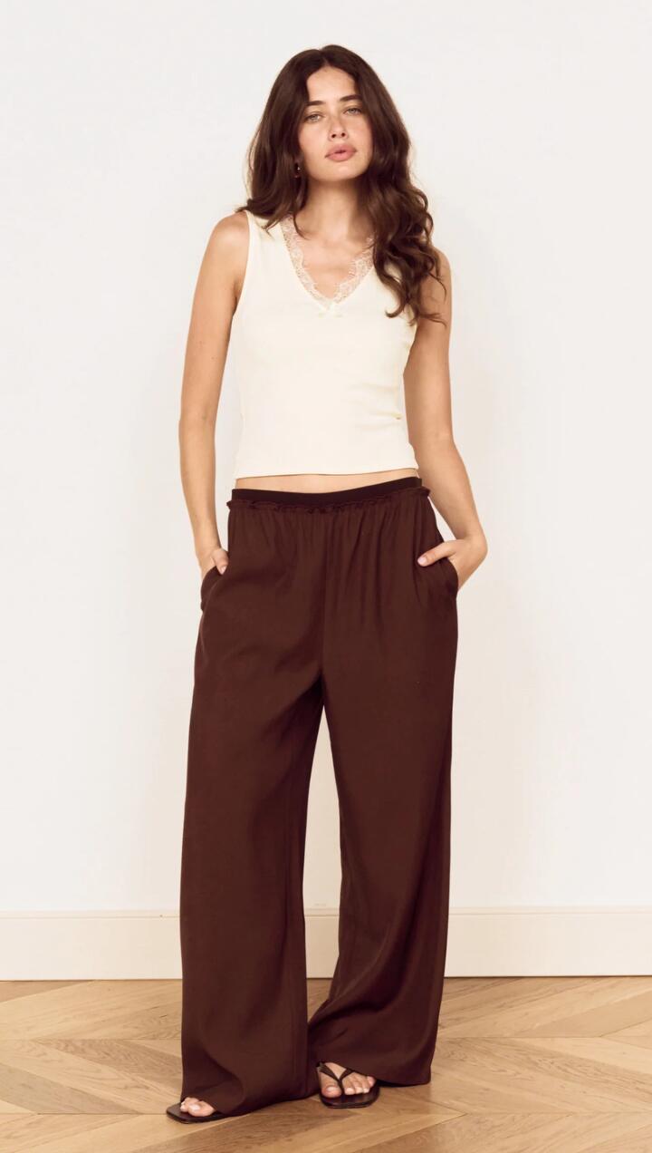 Image of a model wearing Tops. Product name - Cream Cotton Blend Tank with Lace Trim in Cream colour by brand - MINKPINK