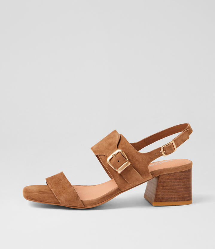 Image of Sandals. Product name - Finkle Light Choc Suede Sandals in Lt Choc-Natural Heel colour by brand - MIDAS