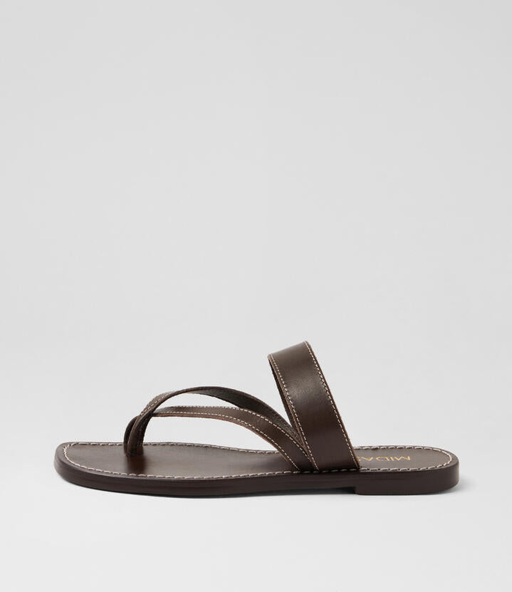 Image of Sandals. Product name - Karta Choc Leather Thongs in Choc colour by brand - MIDAS