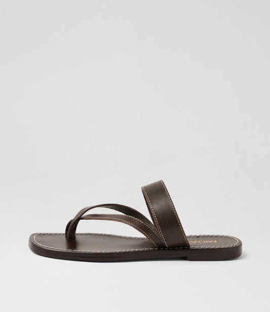 Image of Sandals. Product name - Karta Choc Leather Thongs in Choc colour by brand - MIDAS