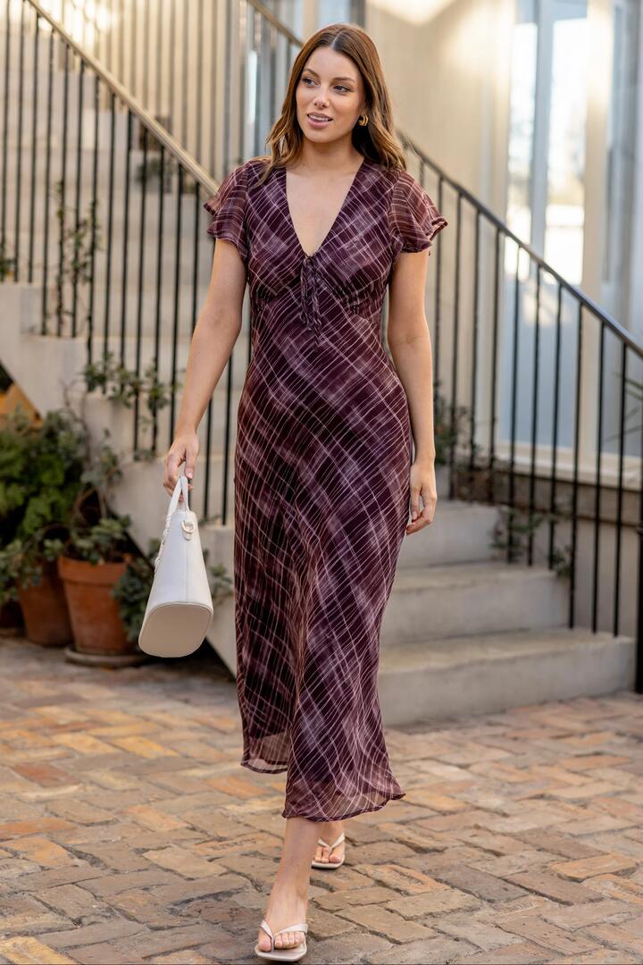 Image of Dresses. Product name - Admiration Burgundy Check Print Georgette Flutter Sleeve Maxi Dress in Burgundy Check Print colour by brand - Georgia Zoe