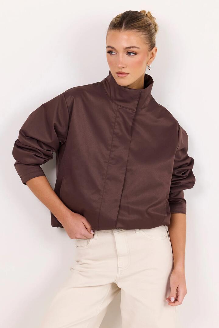 Image of Coats & Jackets. Product name - Landscape Chocolate Funnel Neck Track Jacket in Chocolate colour by brand - Among the Brave